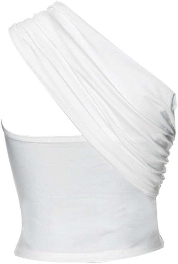 Women's Sexy One Shoulder Ruched White Crop Top Backless Slim Fit Sleeveless Camisole Cute Strappy Vest Tank T Shirt