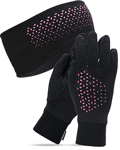 TrailHeads Tempo Reflective Running Headband and Lightweight Touchscreen Running Gloves Gift Set - Black/Pink Reflective (Large)