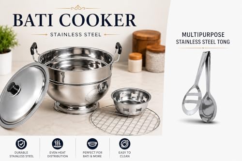 Image of Stainless Steel Bati Cooker & Gas Tandoor for Home Kitchen | Heavy Ghee Pot | Free SS Tong | Multi-Purpose Gas Oven with Heavy Duty Lid, Dual Riveted Handle (Regular)
