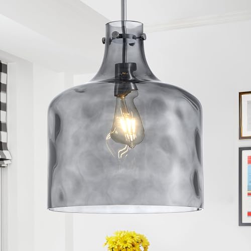 Image of 12 inch Smoked Gray Farmhouse Pendant Light, Hammered Glass, E26 Light