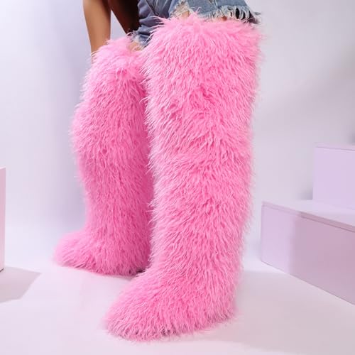 Image of Black Thigh High Fur Boots, Over the Knee Fluffy High Boots, Tall Furry shoes for Women