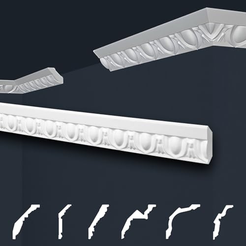 Molduras de techo Marbet blancas paquete económico de poliestireno EPS molduras de estuco con dibujos en diseño tradicional (2 metros B02) perfil de poliestireno perfil angular perfil de pared