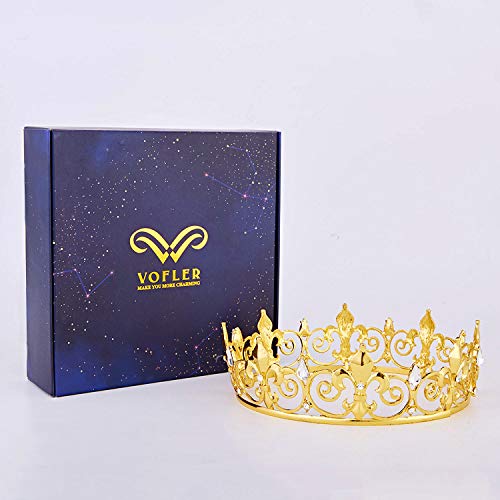 Vofler King Crown, Prince Costume Royal Medieval Fleur De Lis Metal Cake Topper Tiara W/ Clear Crystals For Men Boys Queen Bachelor Birthday Halloween Costume Hats Party Prom Pageant Homecoming, Gold #TOP3