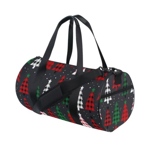 Bolsa de lona de gimnasio de poliéster con patrón de árboles navideños y cuadros escoceses