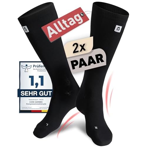 CORE GORIMO - 2 Paar - Kompressionsstrümpfe Herren & Damen - Atmungsaktiv - Stützstrümpfe & Kompressionssocken für stehende Berufe, Flug und Sport (43-46, Schwarz)