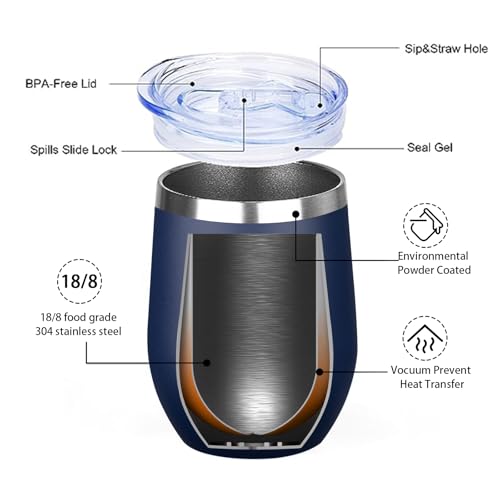 Image of MEZMUT 12 Oz Insulated Wine Tumbler with Lid Double Wall Vacuum Stainless Steel Wine Glass Coffee Mug Insulated Tumbler Cup for Champaign, Cocktail, Beer (Navy, 1 Pack)