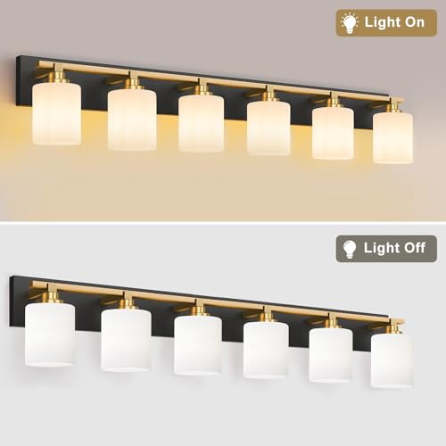 Image of Modern Bathroom Lighting Fixtures Over Mirror, Vanity Lights for Bathroom, Wall Sconces with Milky White Glass Shades, E26 Ceramic Socket, 6-Light 43-inch Black and Gold