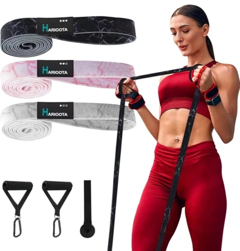 MARIOOTA Stoff-Fitnessbänder Set – 3 Widerstandsbänder mit Griffen, Türanker & Tasche – Inkl. Anleitung – Für Damen & Herren – Zuhause & Fitness (Marmoroptik, Lange Fitnessbänder)