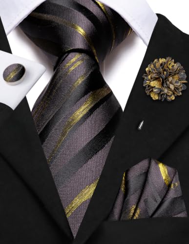 Image of Hi-Tie Men Silk Ties Set with Flower Lapel Pin Necktie Pocket Square Cufflinks for Tuxedo Wedding Business