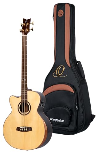 Ortega Guitars Bass Elektro-Akustisch Linkshänder – Medium Scale, mit Cutaway, Armrest – The Private Room Series – Massive Alaska Fichte / Gestreiftes Ebenholz, Hochglanz Natur (STRIPSU.ACB-L)
