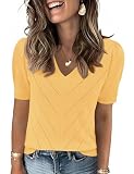 LOMON Short Sleeve Sweater for Women Cute V-Neck Lightweight Knit Tops