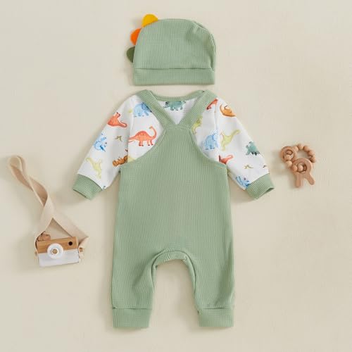 Fanvereka Infant Baby Boy Fall Outfits Dinosaur Long Sleeve Romper Overalls Long Pants Suit Hat Set 3 6 12 18 Months4