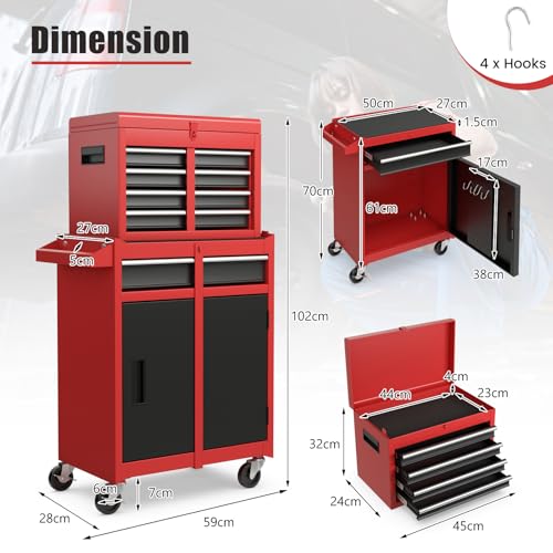 GiantexUK Tool Cabinet, 2 in 1 Lockable Metal Tool Chest with Removable Top Cabinet, Wheels, 5/6 Drawers, Pegboard & Hooks, Heavy-duty Rolling Tool Box Trolley (with Adjustable Shelf, Black+Red) 3 GiantexUK Tool Cabinet, 2 in 1 Lockable Metal Tool Chest with Removable Top Cabinet, Wheels, 5/6 Drawers, Pegboard & Hooks, Heavy-duty Rolling Tool Box Trolley (with Adjustable Shelf, Black+Red) - Image 3