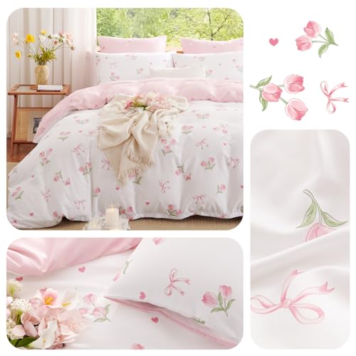 Image of Floral Duvet Cover Set Twin Size,Pink Tulip Bow Ties Reversible Bedding Set with Heart Pattern for Girls Kids,Romantic Microfiber Comforter Cover 2Pcs with Zipper Closure and 1 Pillowcase
