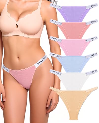 Image of FINETOO Womens Underwear Cotton High Cut String Bikini Panties Low Rise Hipster Ladies Sexy Cheeky Underwear 6 Pack
