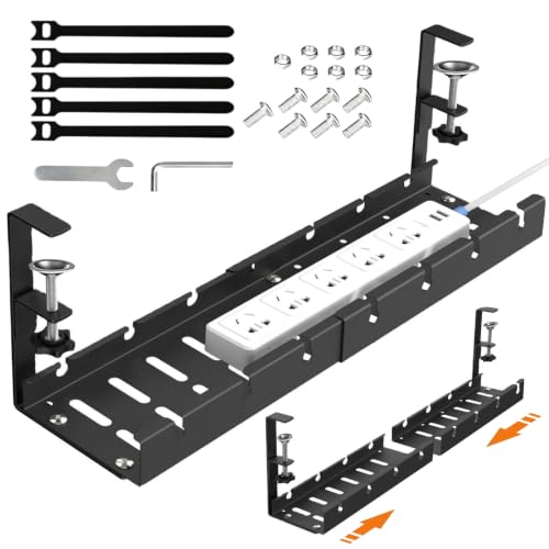 Image of Dyazo Under Desk Cable Management Tray | Adjustable 28.5-55 CM Metal Cable Organizer Rack | No-Drill Wire Management Shelf for Power Strip, Extension Board, Router, Network & Charging Cables (Black)