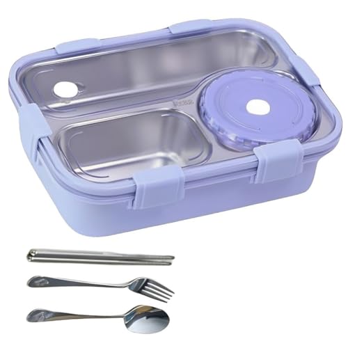 Image of Lovely Bright Solid Colored Airtight Leak-Proof Thermal Insulation Reusable Stainless Steel 3 Compartment Bento Lunch Box with Removable Bowl, Spoon, Fork & Chopsticks for Kids, School & Office