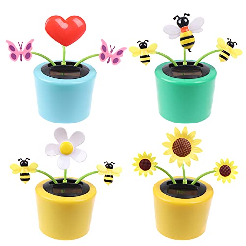 4 Solar Dancing Bee Toy Solar Powered Dancing Flower in Colorful Pots Swinging Heart Sun Flower Flip Flap Animated Bobblehead Dancer Window Rose Sun Catcher Car Dashboard Decor Portable Suncatchers