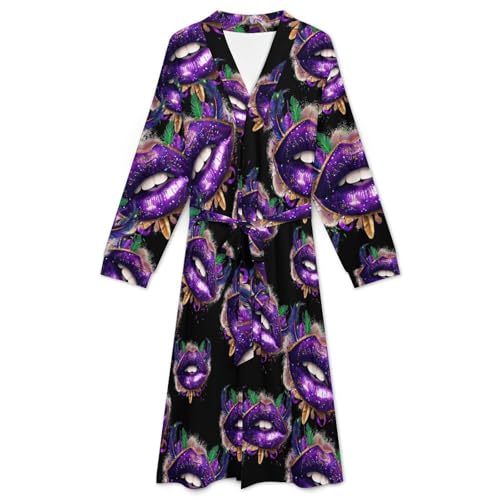 Mardi-Gras Glitter Lips Soft Robe Long Sleeve Bathrobes V Neck Sleepwear Spa Robes with Belt Men Woman3