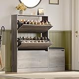 BORNOON Shoe Cabinet with Bench and 3 Flip Drawers, Slim Narrow Shoe Storage Cabinet, Freestanding Shoe Rack Organizer with Adjustable & Removable Shelves, Anti-Tip for Entryway, Hallway, Foyer