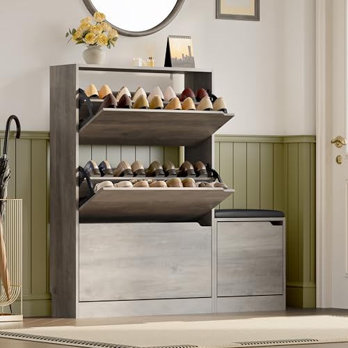 BORNOON Shoe Cabinet with Bench and 3 Flip Drawers, Slim Narrow Shoe Storage Cabinet, Freestanding Shoe Rack Organizer with Adjustable & Removable Shelves, Anti-Tip for Entryway, Hallway, Foyer