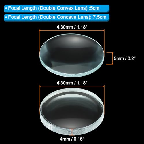 Image of PATIKIL 5cm Focal Length 30mm Double Convex and 7.5cm Focal Length 30mm Double Concave Lens 1 Set, 2 Pack Glass Optically Polished Round Edges Lens for Physics Experiment Classroom, Clear