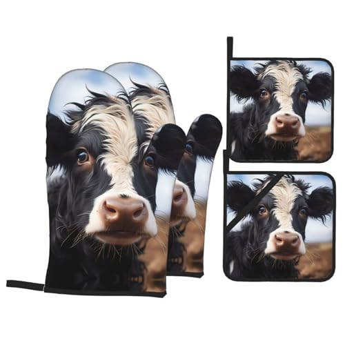 GGNKDL Juego de 4 manoplas de horno con patrón de vaca para hornear en la cocina, impermeables, resistentes al calor y duraderos