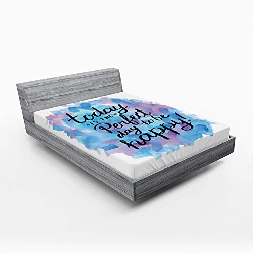 Ambesonne Wording 2 Pack Fitted Sheet, Paint Brush Happy, Bed Cover All-Round Elastic Deep Pockets 2 Pieces, Package Contains 2 Full Size Fitted Sheets, Dried Rose Blue Black