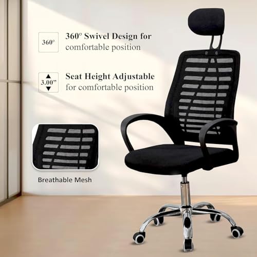 Image of Mesh Office Desk Chair,Rocking Ergonomic Computer Adjustable High with Headrest and Armrest Swivel Chair - Jet Black & Black Handle