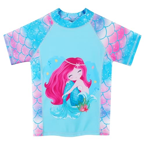 Image of BAOHULU Girls Rash Guard Swimsuit Two Piece Bathing Suit UPF 50+ Short Sleeve Summer Beach Swimwear Size 3-14 Years S516 BlueGirl 6A