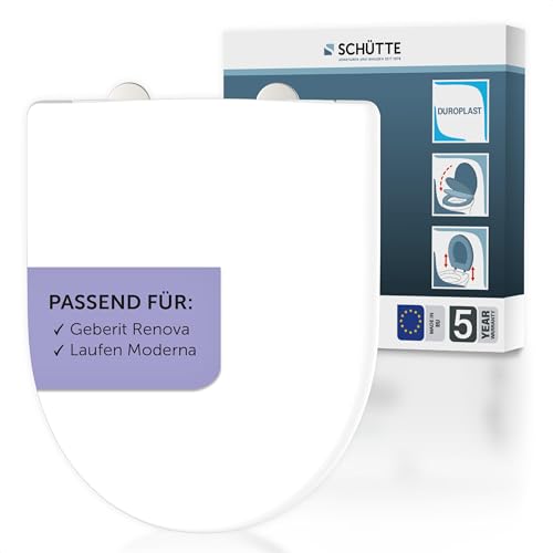 SCHÜTTE WC-Sitz passend zu Geberit Renova, Laufen Moderna, mit Absenkautomatik made in EU, Abnehmbarer Klodeckel aus bruchsicherem Duroplast, Toilettendeckel und Brille bis zu 250kg belastbar, Weiß