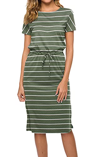 PALINDA Women's Striped Short Sleeve Adjustable Waist Line Casual Midi Dress with Pockets(XL,Army Green,5050)