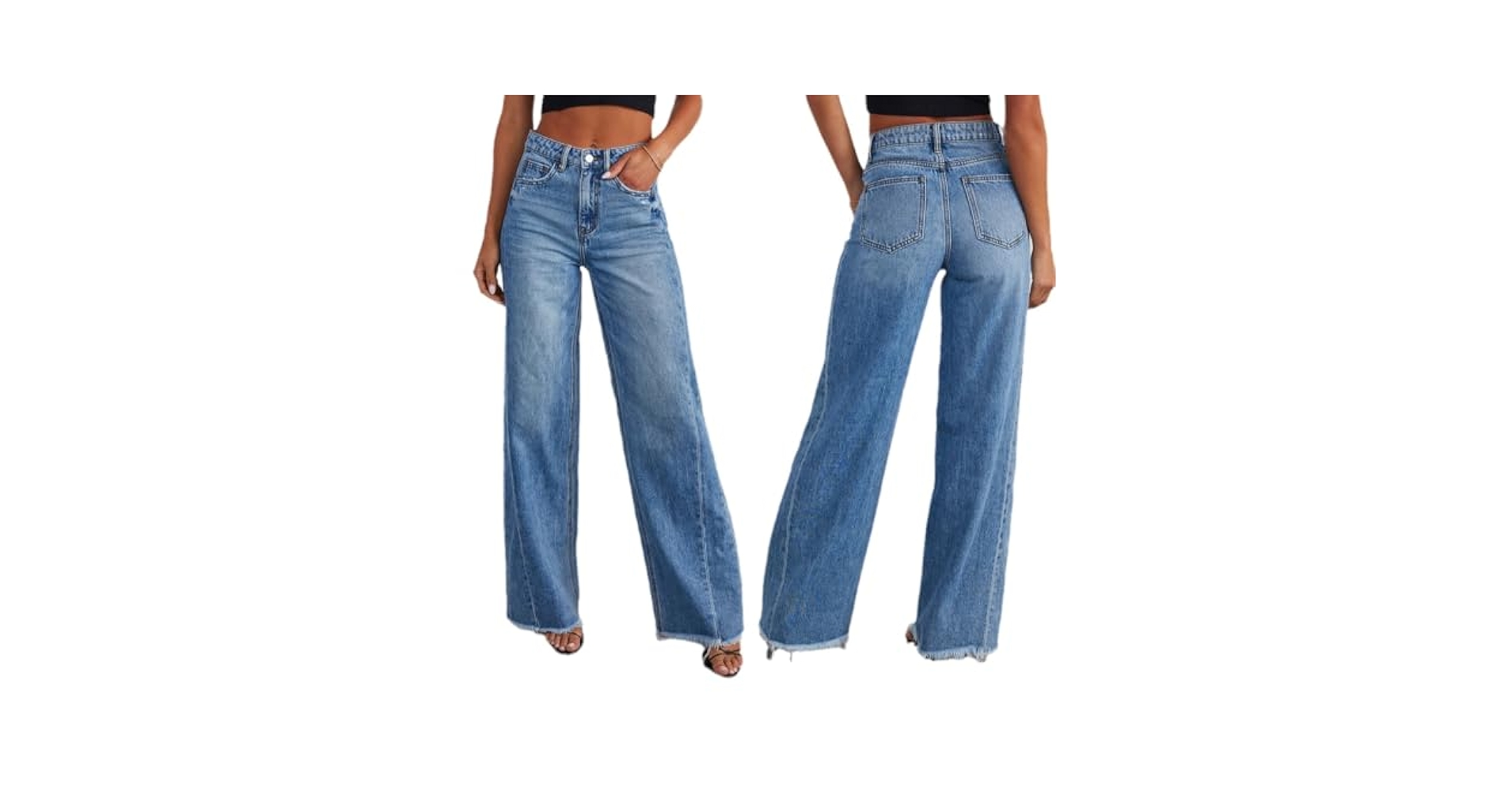 Women's Wide Leg Jeans High Waisted Strechy Raw Hem Denim