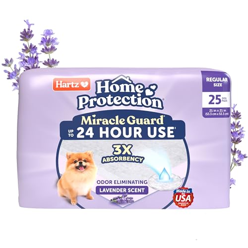 Hartz Miracle Guard Dog and Puppy Dog Pads Max Absorbency 24 Hour Use Odor Eliminating Lavender Scented No Leaks Regular Size 25 Count
