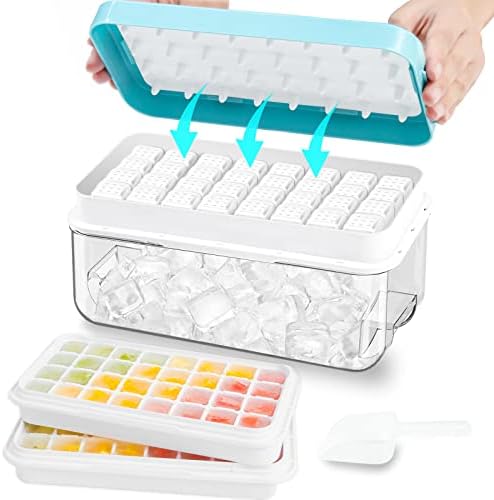 ZZWILLB Ice Cube Tray with Lid for Freezer 64 Nuggets Silicone Ice Tray with Storage Bin Stackable Easy Release Ice Cube Molds for Cocktail Whisky Coffee