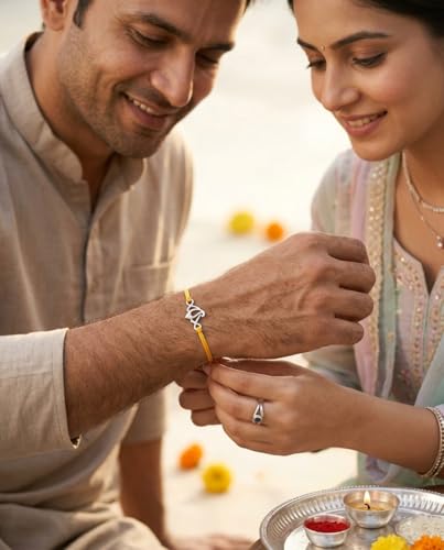 Image of Parnika 925 Pure 92.5 Sterling Silver Ganesha Rakhi Bracelet for Brother | Hallmarked Silver Rakhi for Bhai & Bhaiya | Raksha Bandhan Gift with Roli Chawal | Premium Thread Rakhi