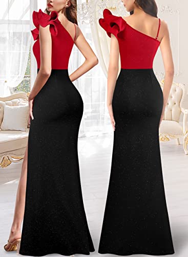 Image of VFSHOW Womens Ruffle One Shoulder Strap Ruched Formal Prom Wedding Maxi Dress V Neck Elegant Split Cocktail Evening Long Gown