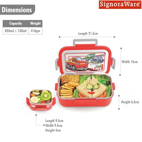 Image of SignoraWare Buster Stainless Steel Lunch Box | Airtight & Leakproof | Durable & Odorless | Ideal for Office, School & Travel Use | Easy to Clean & Carry (850ml + 130ml | Red)