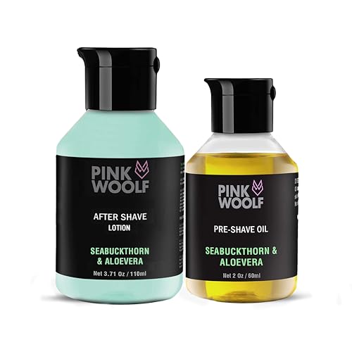 Image of Pink Woolf Shaving System for Men | Pre Shave Oil + After Shave Lotion | Smooth Shave & Post Shave Skin Comfort | Works with Safety & Cartridge Razors | SEABUCKTHORN ALOE VERA