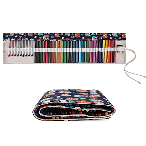 Image of Surblue Canvas Pencil Case Pencil Roll Wrap with 72 Slots Coloring Pencil Holder Organizer Paint Brush Storage Pouch Portable for Artist, Writer (Navy Owl