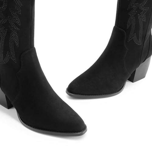 Image of DREAM PAIRS Womens Cowboy Boots Wide Calf Comfortable Pull On Zipper Chunky Heel Pointed Toe Embroidered Western Cowgirl Knee High Boots Ladies Retro Tall Boot