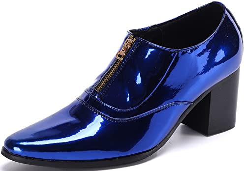 Santimon Mens Loafers Metallic Patent Leather Block-Heel Booties – Pointed-Toe Zipper Ankle Dress Shoes, Party Chunky Heels2