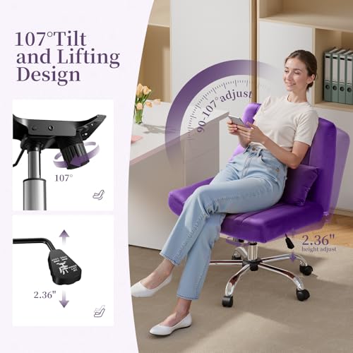 Image of Warmiehomy Velvet Criss Cross Chair with Wheels, Cross Legged Office Chair, Comfy Desk Chair for Home Office, Ergonomic Computer Chair, Wide Seat Vanity Chair, Birthday Gift for Women, Purple