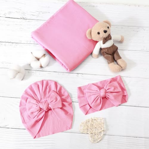 Image of DRESHOW BQUBO Baby Girl Newborn Receiving Blankets with Bow Hat Headband Wooden Birth Announcement Card Set Newborn Baby Swaddle Wrap Set Warm Shower Gift