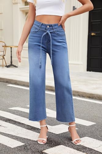 Allimy Womens Jeans High Rise Belted Wide Straight Leg Frayed Hem Jeans for Women Trendy 2025 Denim Pants4