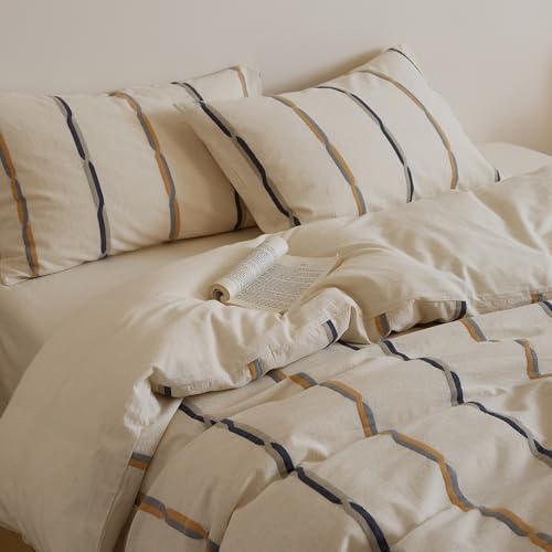 Image of mixinni Cotton Linen Jacquard Duvet Cover Set King, 3-Piece Mid-Century Modern Bedding, Vintage Striped Bohemian Duvet Cover with 2 Pillowcases, All-Season Breathable Comforter Cover-King Size