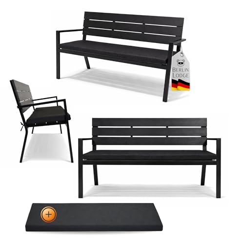 Berlinlodge Gartenbank Mallorca mit Sitzkissen in Holzoptik Kunststoff & Metall 3-Sitzer wetterfest, rustikal & massiv 77 x 128 x 44 cm Schwarz Polsterbezug abnehmbar Sitzbank Garten Balkon Terrasse
