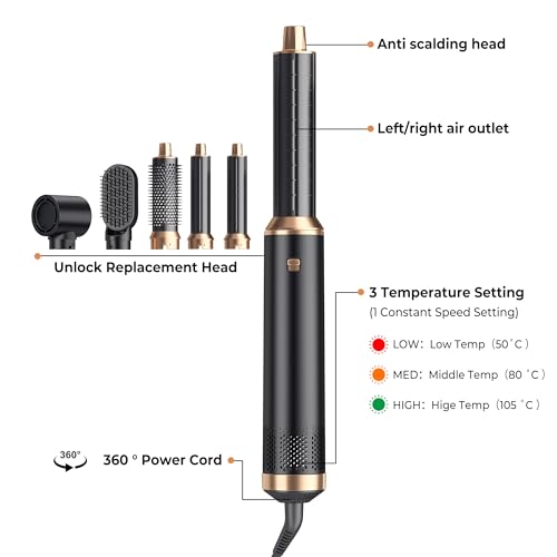 Image of 5 in 1 Blow Dryer Brush Set, Hot Air Styler Negative Ion Air Curling Wrap Air Curler Low Heat Hair Care, Round Brush Blow Dryer Hair Styling Tools Gift for Dry,Volumize,Straight,Curl, 110-120V