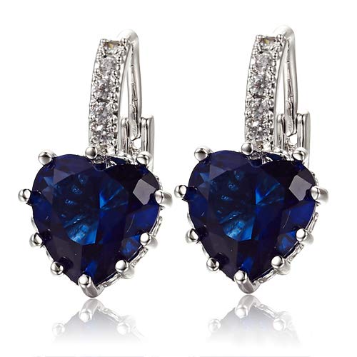 fublousRR5 Earrings Women's White Gold Plated Sapphire Blue Rhinestone Heart Leverback Earrings