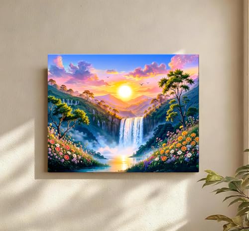 Image of ArtX Canvas Rising Sun Painting For Vastu, Big Size Wall Art Scenery, Water Stream, Waterfall Painting Vastu, Multicolor, Nature, 58.0 X 45.0 cm, Set of 1